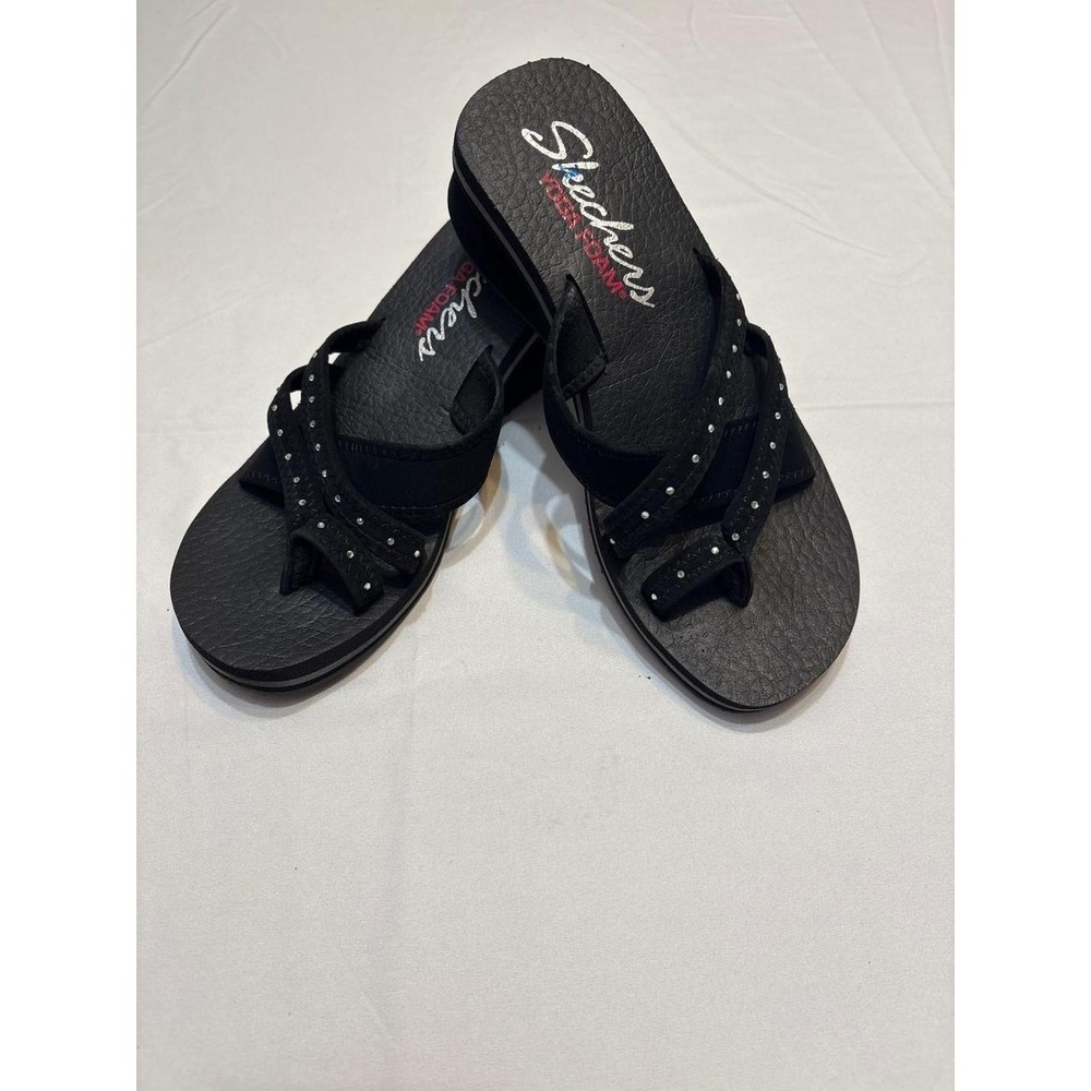 Skechers Yoga Foam Black Rhinestone Wedge Flip Flops Sandals 31744 Womens 8 - Picture 1 of 4